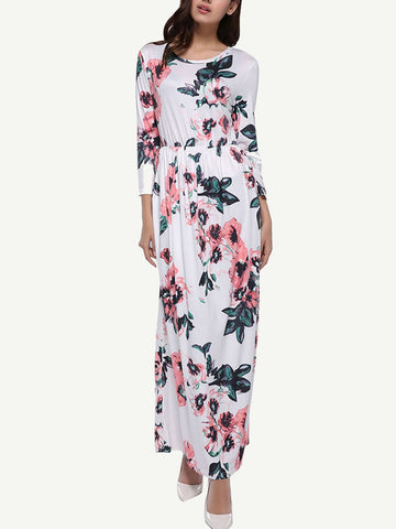 Gracious Long Sleeves Allover Floral Maxi Dress Round Neck