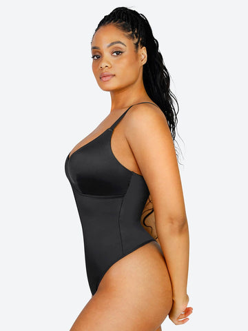 Shaping Satin Built-in Elastic Mesh Fabric Thong Bodysuit