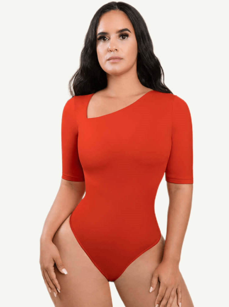 Tank Top Tight Thong Bodysuit With A Slant Cut Collar And Half Sleeves