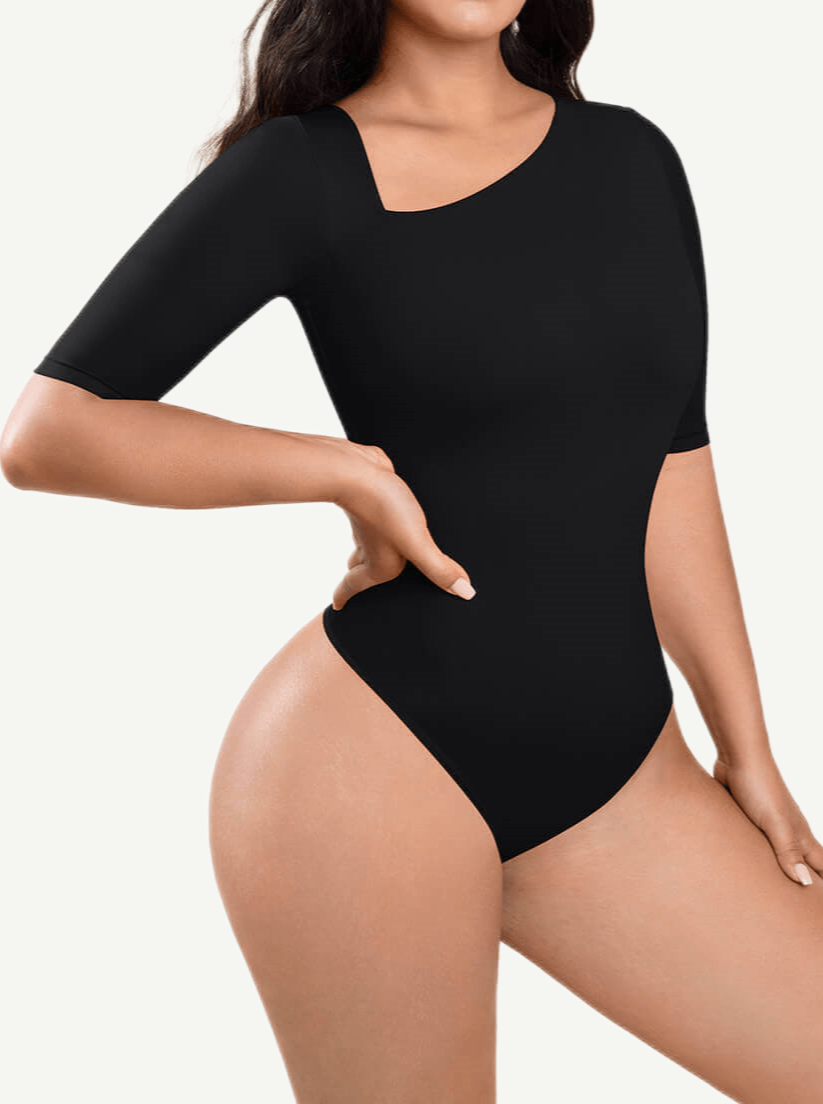 Tank Top Tight Thong Bodysuit With A Slant Cut Collar And Half Sleeves