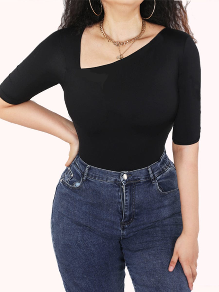Tank Top Tight Thong Bodysuit With A Slant Cut Collar And Half Sleeves