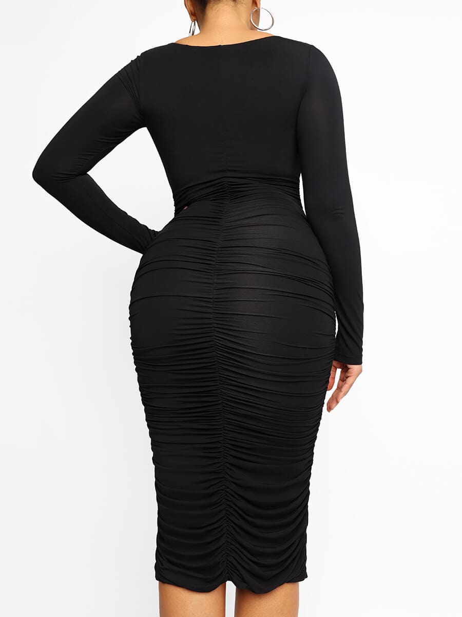 Square-neck Long-sleeve Bodycon Bulit-in Shapewear Dress