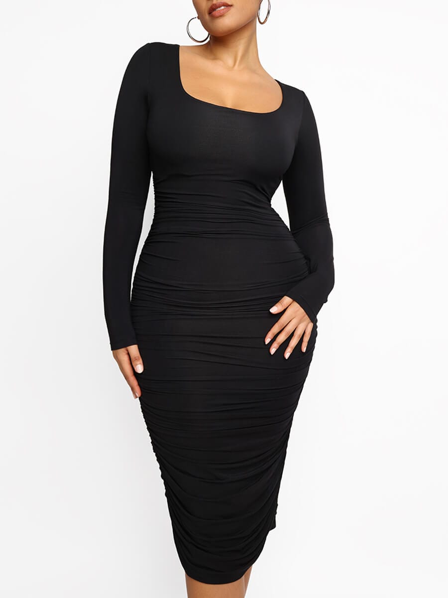 Square-neck Long-sleeve Bodycon Bulit-in Shapewear Dress