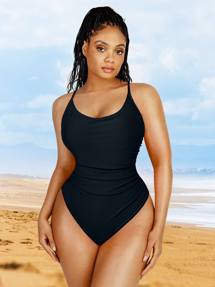 One-Piece Shapewear Swimsuit With Abdominal Pleating Design