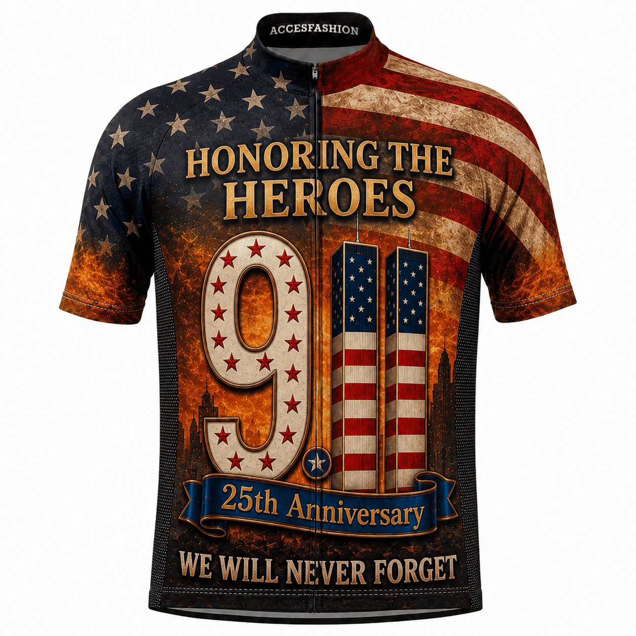 9/11 25th Anniversary Honoring the Heroes cycling jersey - front view