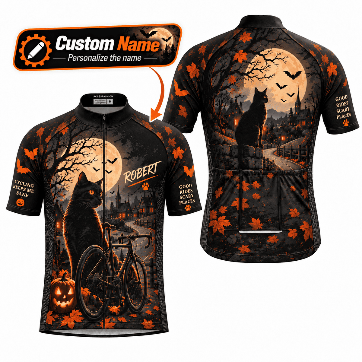 Personalized Black Cat Halloween Cycling Jersey & Kit