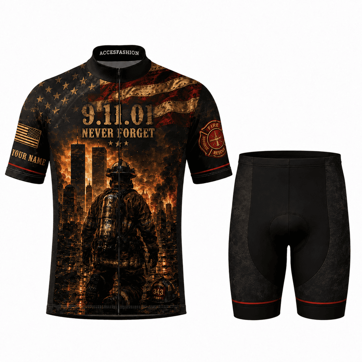 Personalized 9/11 Firefighter Memorial Cycling Jersey Kit – Never Forget 343