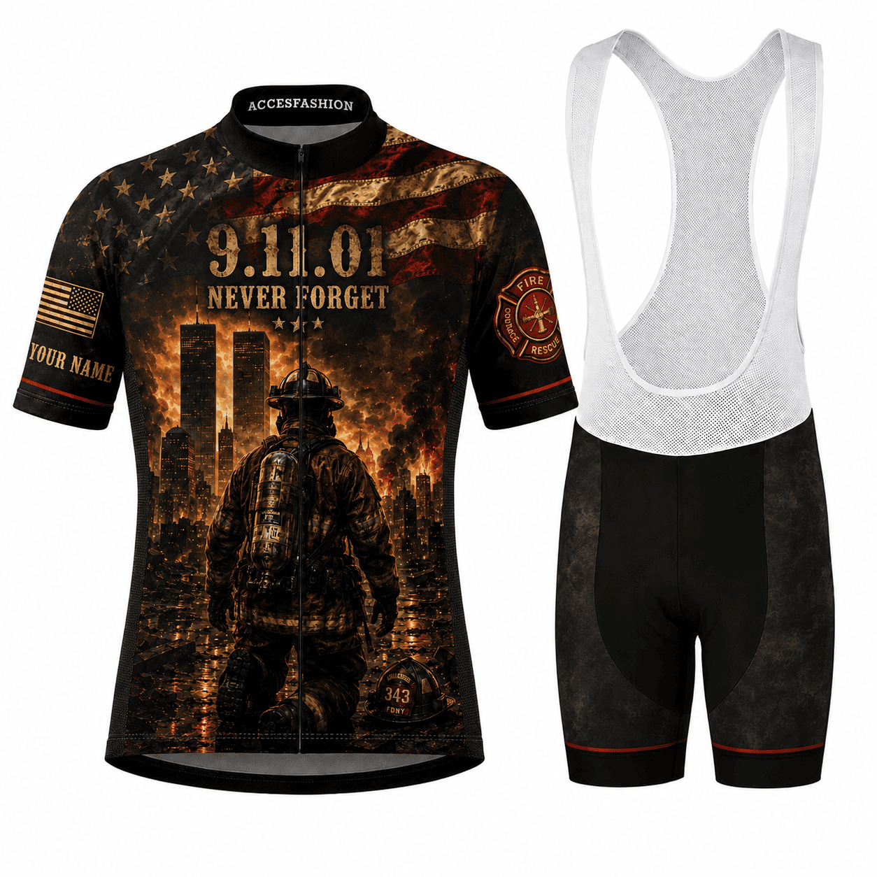 Personalized 9/11 Firefighter Memorial Cycling Jersey Kit – Never Forget 343