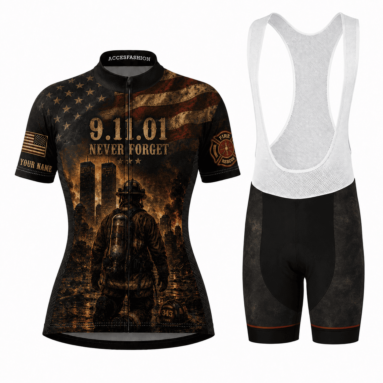 Personalized 9/11 Firefighter Memorial Cycling Jersey Kit – Never Forget 343