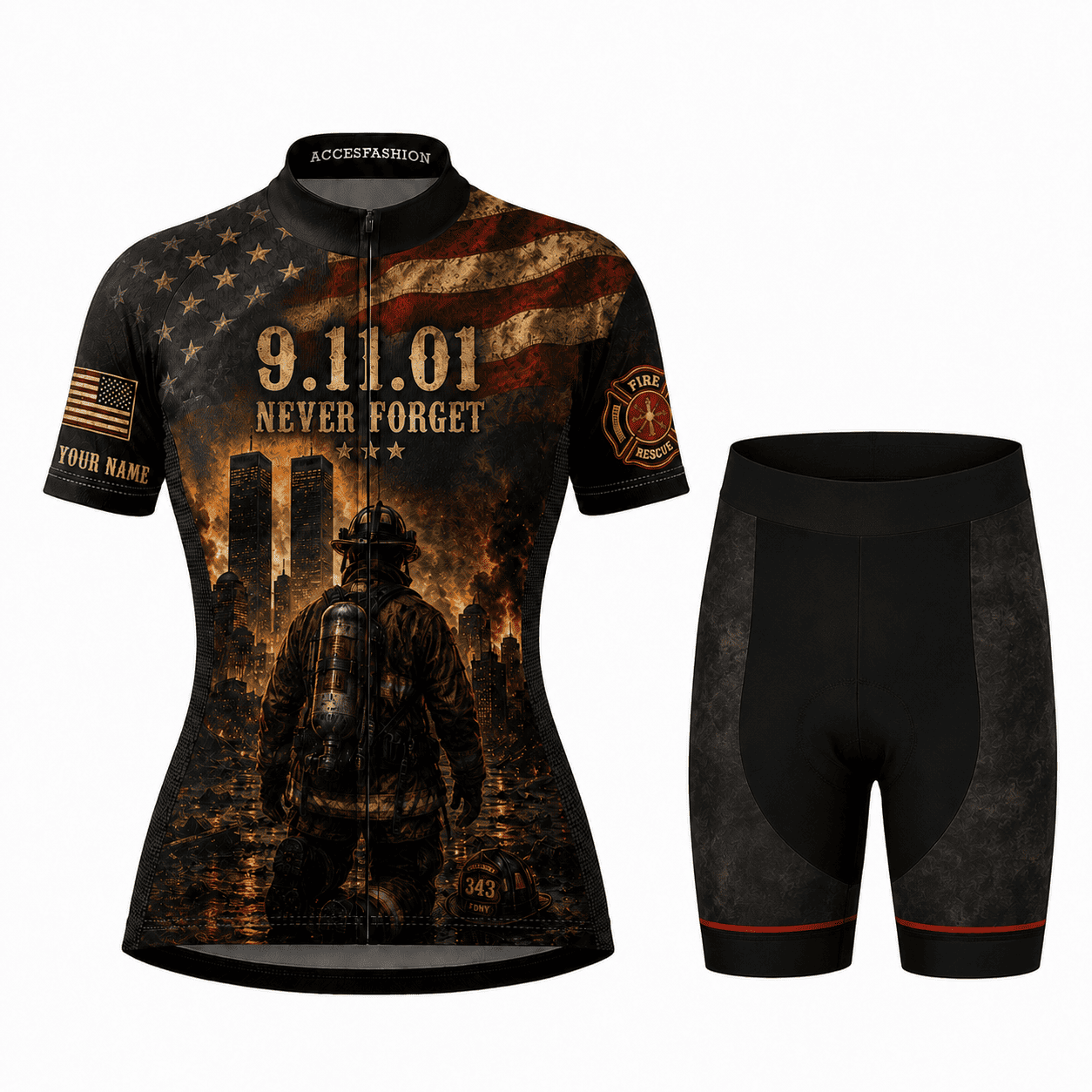 Personalized 9/11 Firefighter Memorial Cycling Jersey Kit – Never Forget 343
