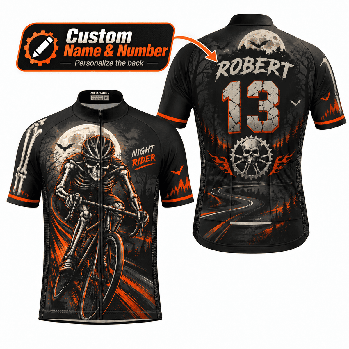 Personalized Night Rider Skeleton Cycling Kit – Custom Name & Number Halloween Cycling Wear
