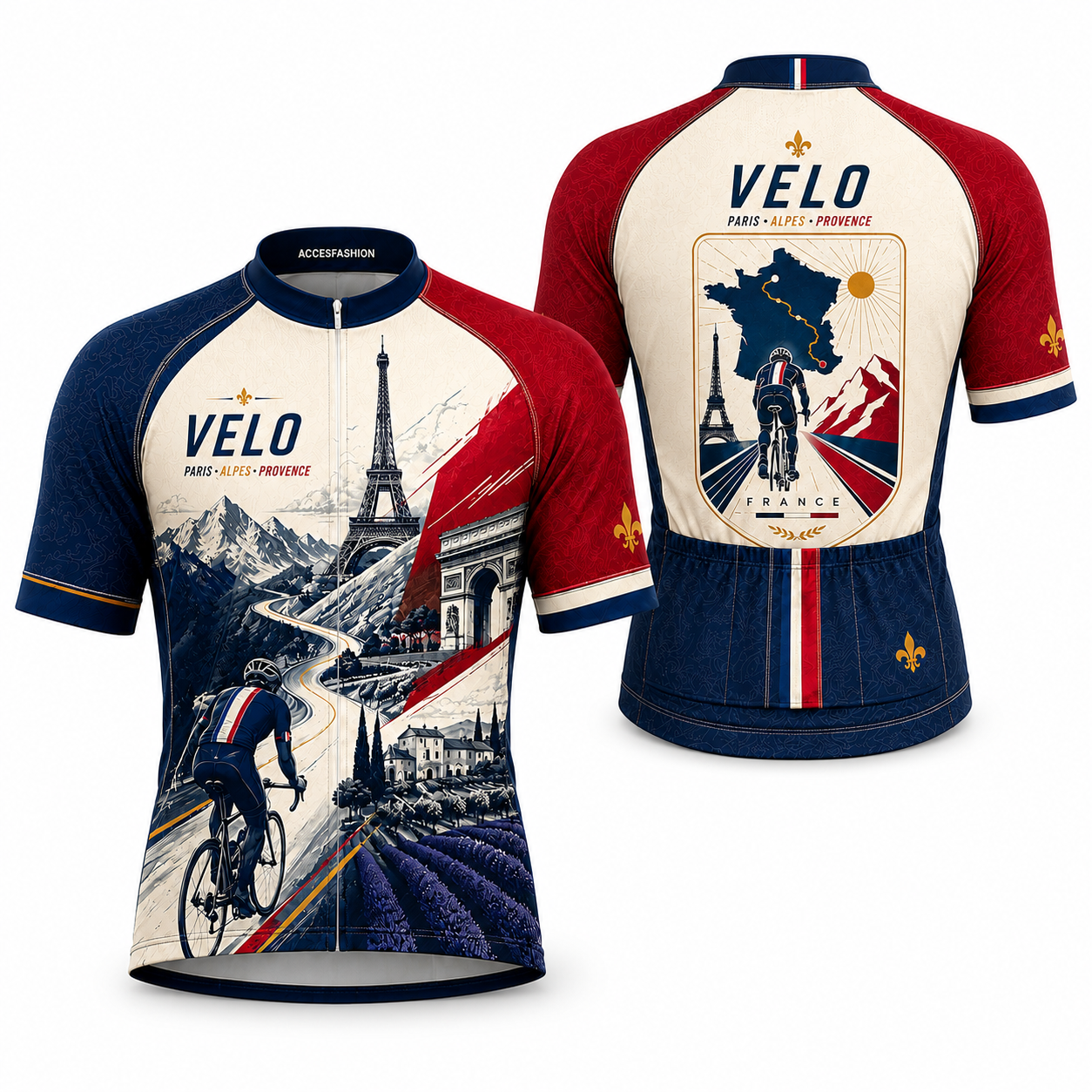 Men & Women Tour de France Inspired Cycling Jersey Kit, French Velo Bike