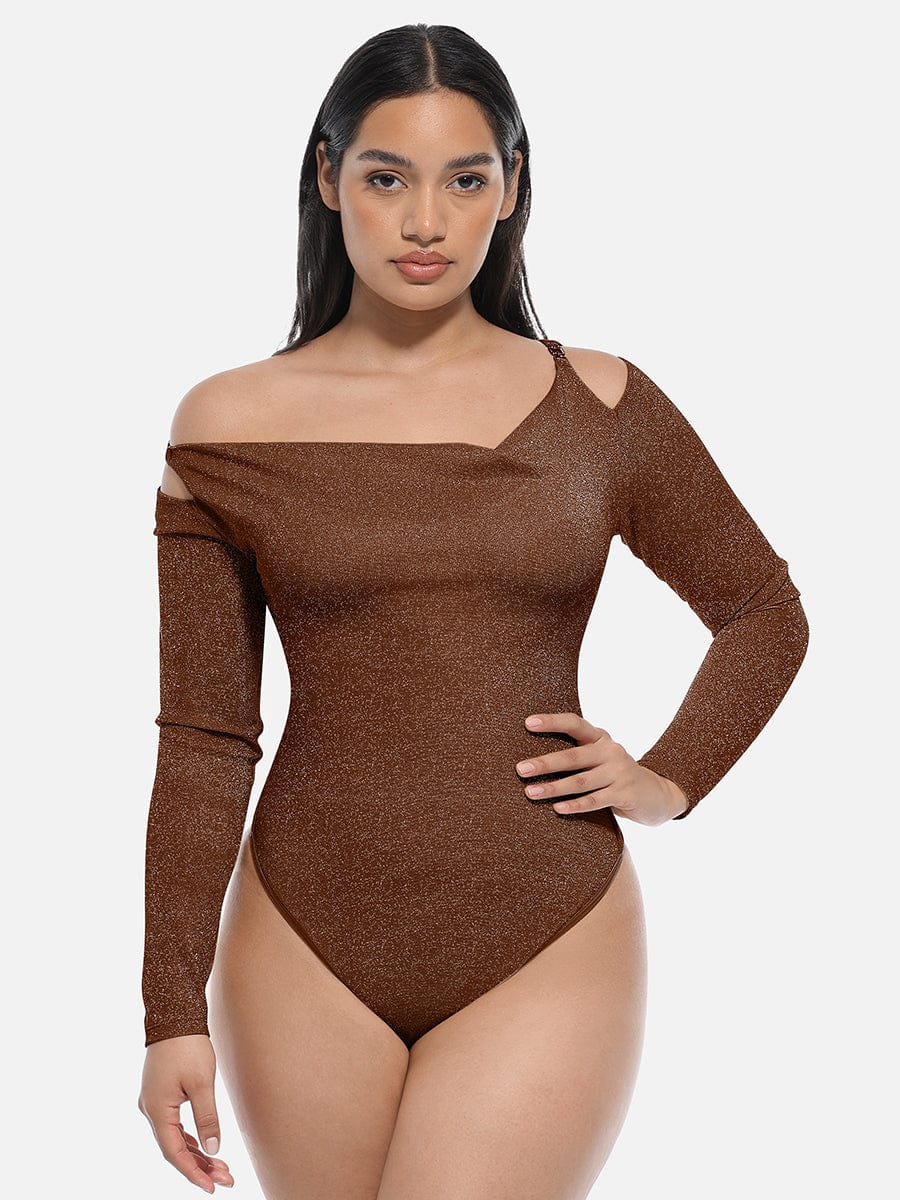 Shiny Draped Neck All In One Shapewear Bodysuit with Built In Bra and Thong Snap Crotch