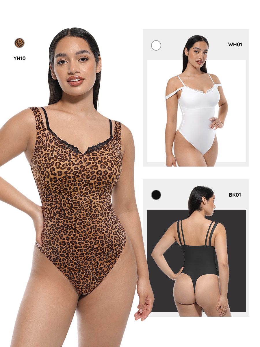Lace V-Neck T-Back Waist and Abdomen Shaping Thong Bodysuit