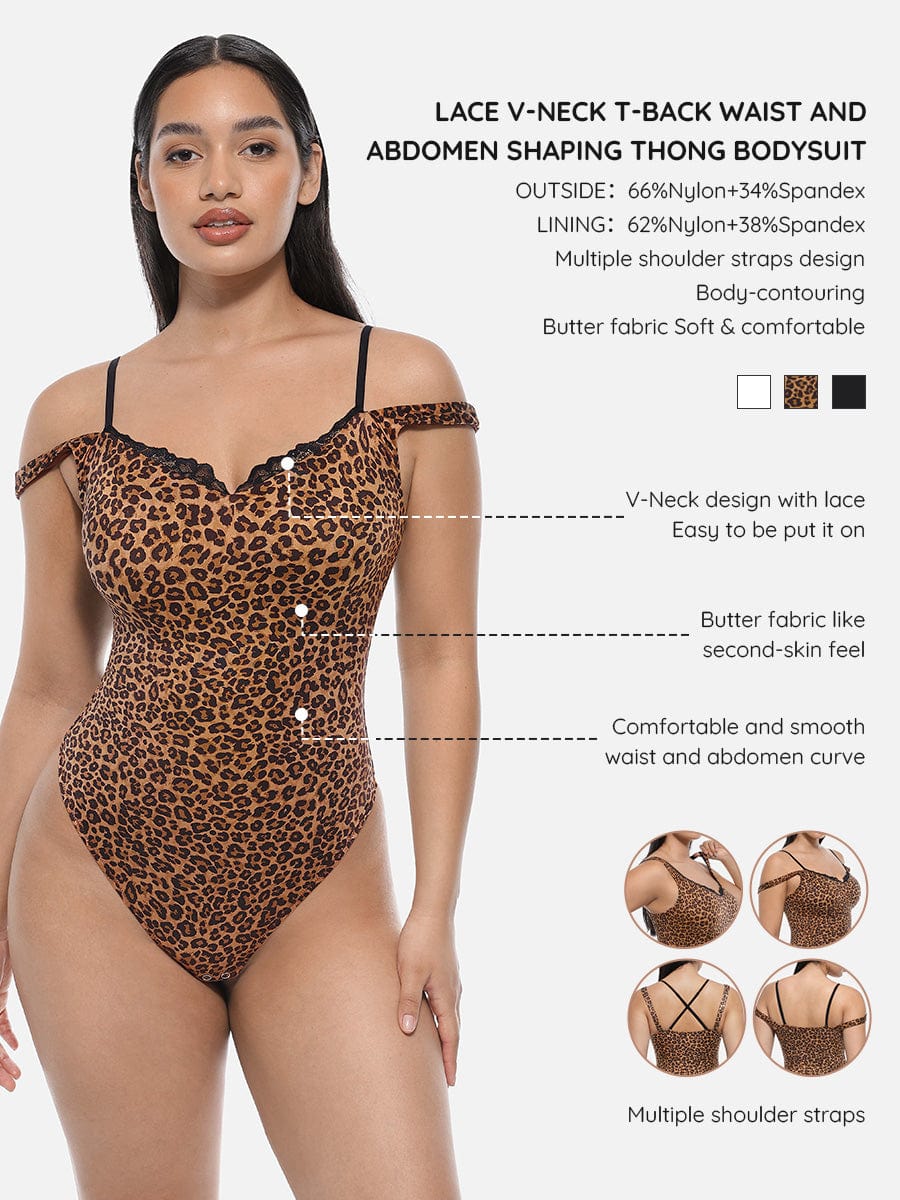 Lace V-Neck T-Back Waist and Abdomen Shaping Thong Bodysuit