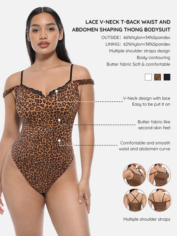 Lace V-Neck T-Back Waist and Abdomen Shaping Thong Bodysuit