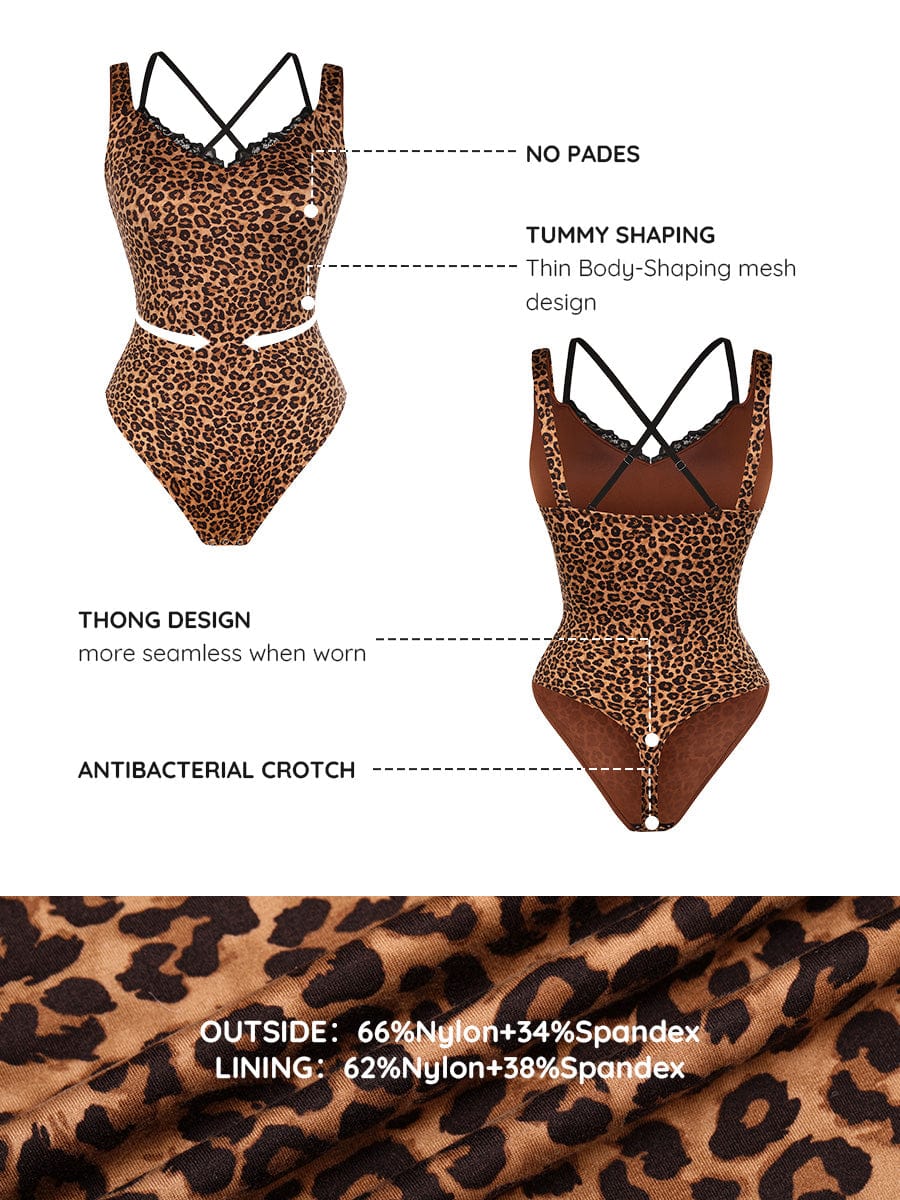 Lace V-Neck T-Back Waist and Abdomen Shaping Thong Bodysuit
