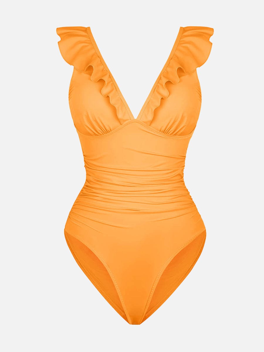 Ruffled One Piece V Neck Lace Up Swimsuit