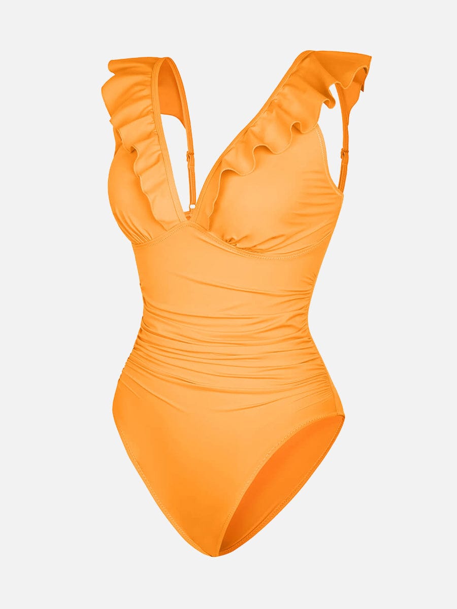 Ruffled One Piece V Neck Lace Up Swimsuit