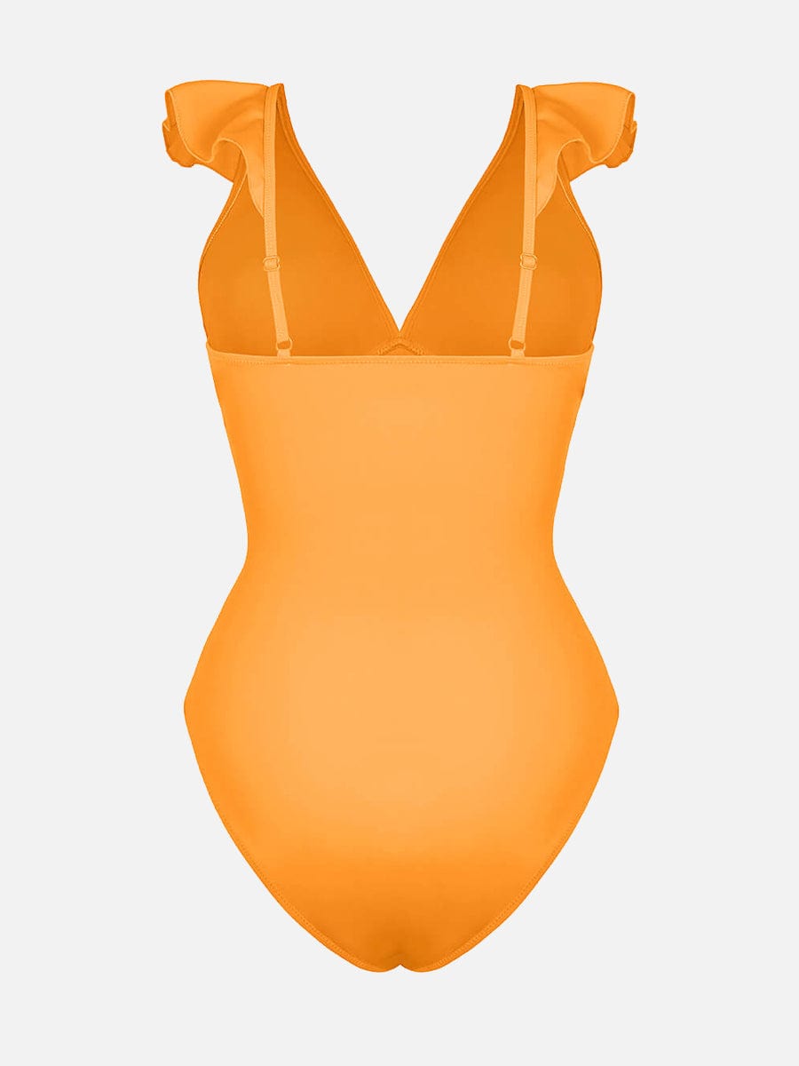 Ruffled One Piece V Neck Lace Up Swimsuit