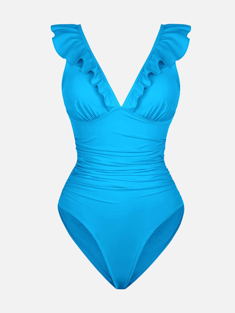Ruffled One Piece V Neck Lace Up Swimsuit