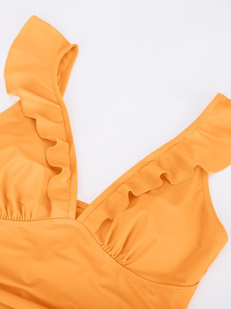 Ruffled One Piece V Neck Lace Up Swimsuit