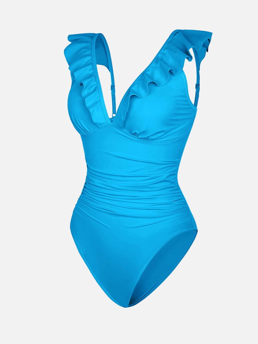 Ruffled One Piece V Neck Lace Up Swimsuit