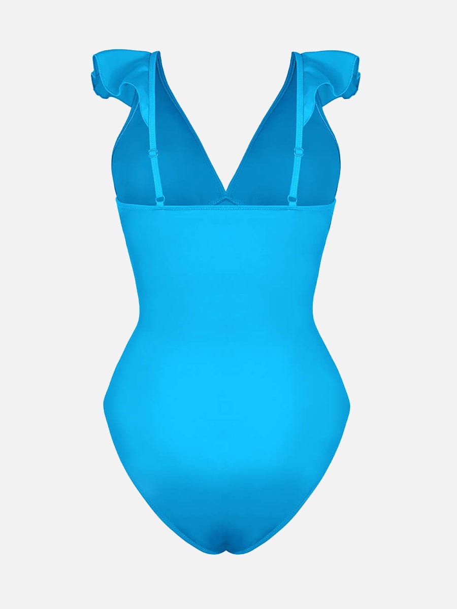 Ruffled One Piece V Neck Lace Up Swimsuit