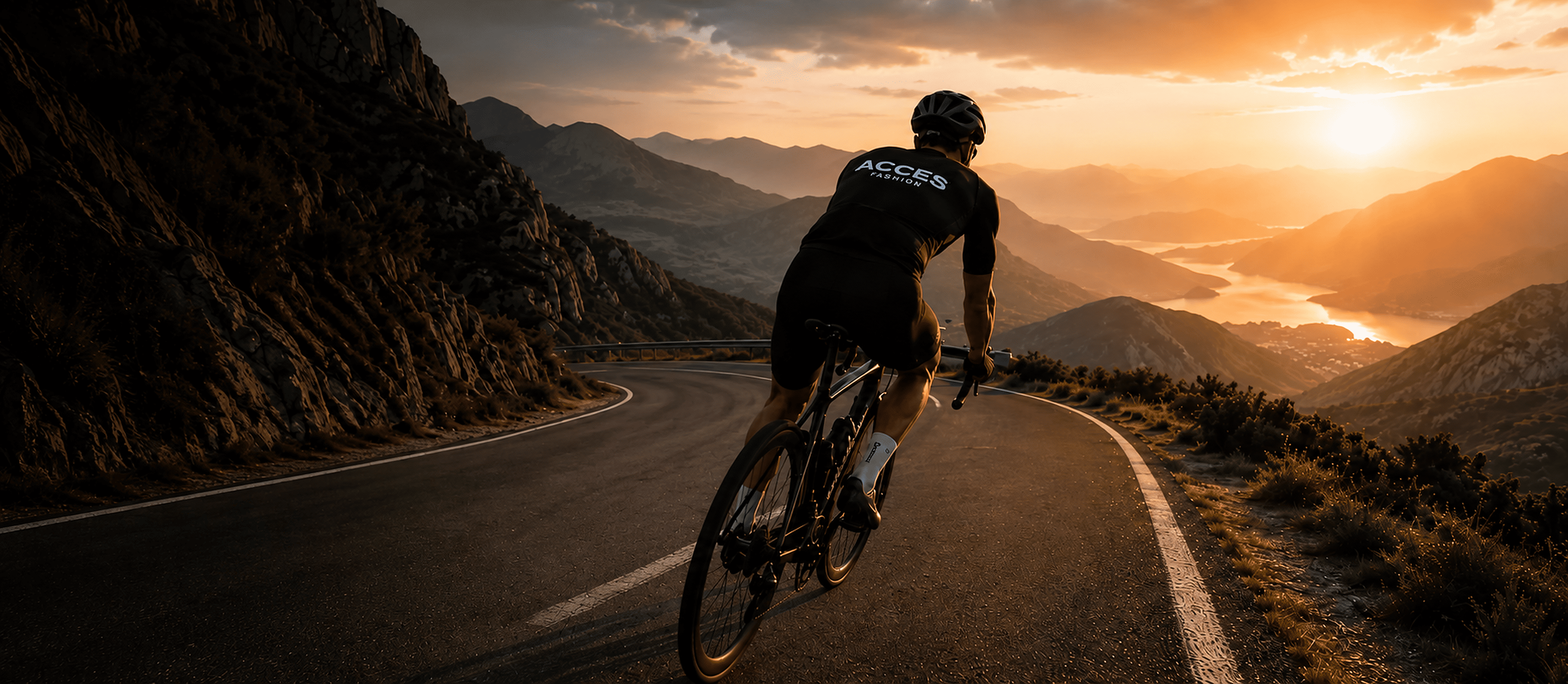 Cyclist riding on a mountain road at sunset