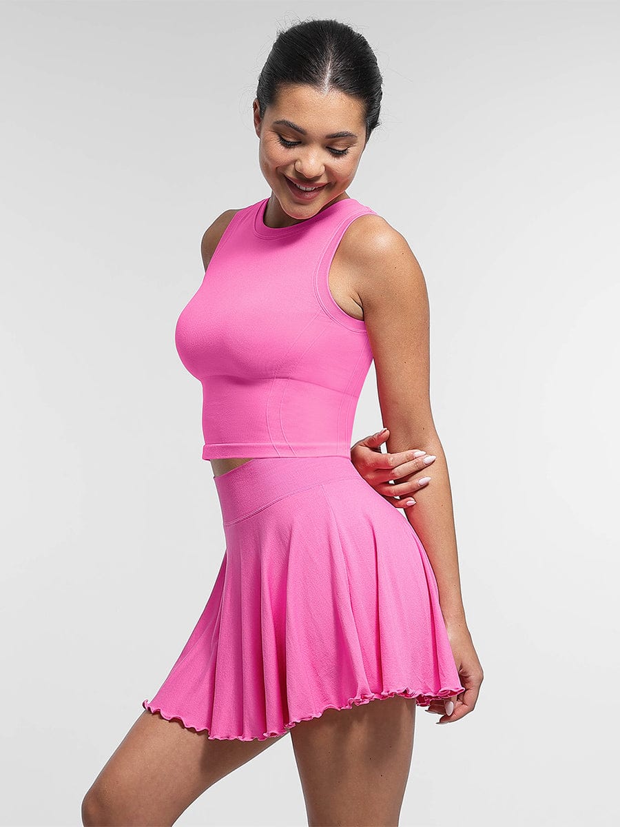 Mid-Waist A Line Skirt Flared Ruffle Hem Built in Shorts with Pockets