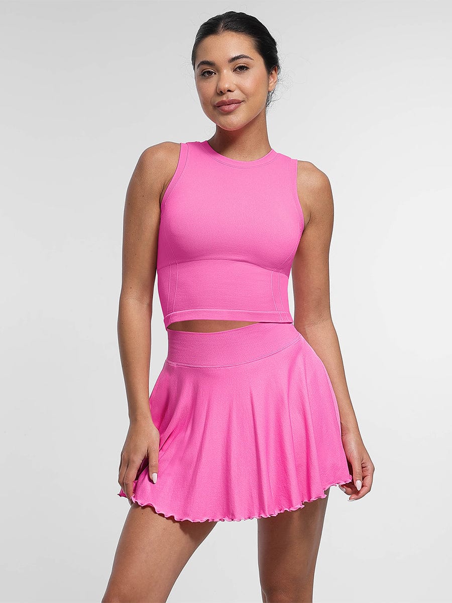 Mid-Waist A Line Skirt Flared Ruffle Hem Built in Shorts with Pockets