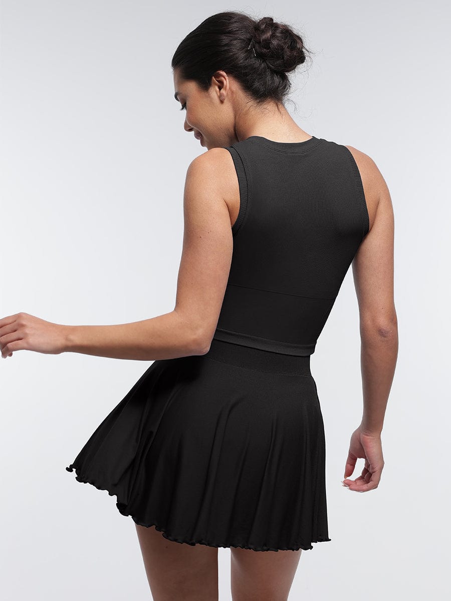 Mid-Waist A Line Skirt Flared Ruffle Hem Built in Shorts with Pockets