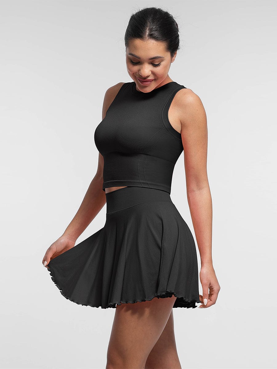 Mid-Waist A Line Skirt Flared Ruffle Hem Built in Shorts with Pockets