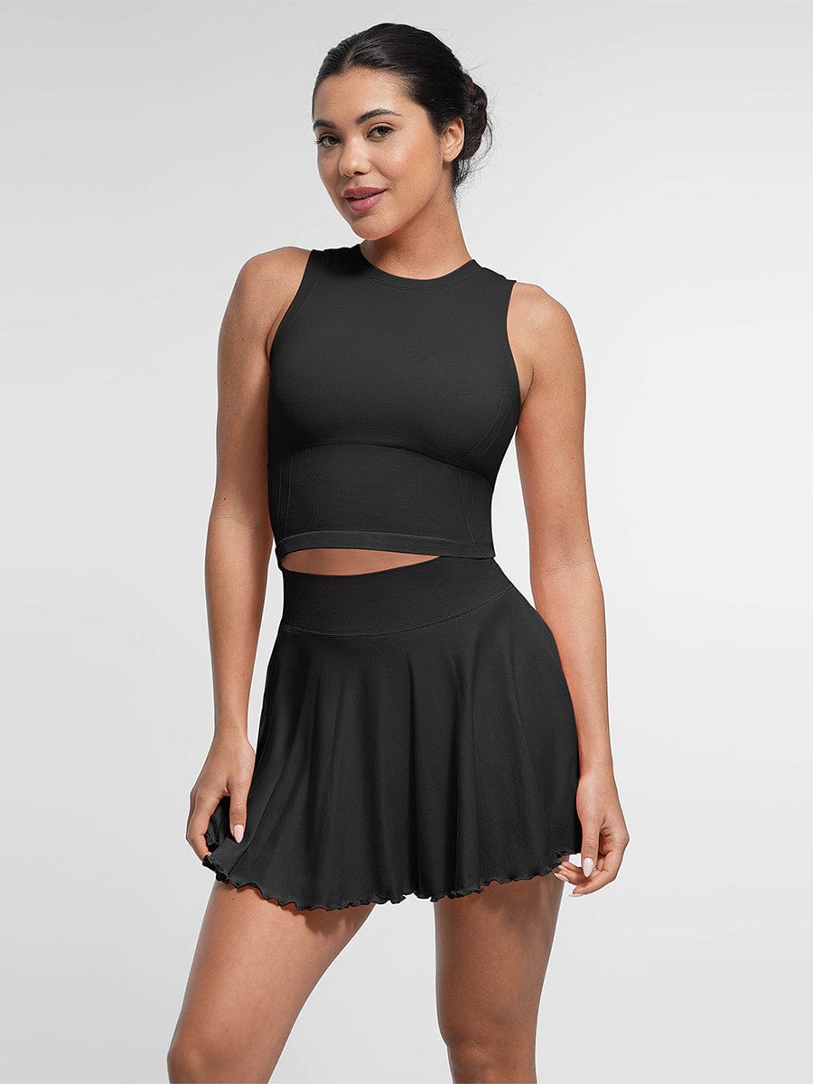 Mid-Waist A Line Skirt Flared Ruffle Hem Built in Shorts with Pockets