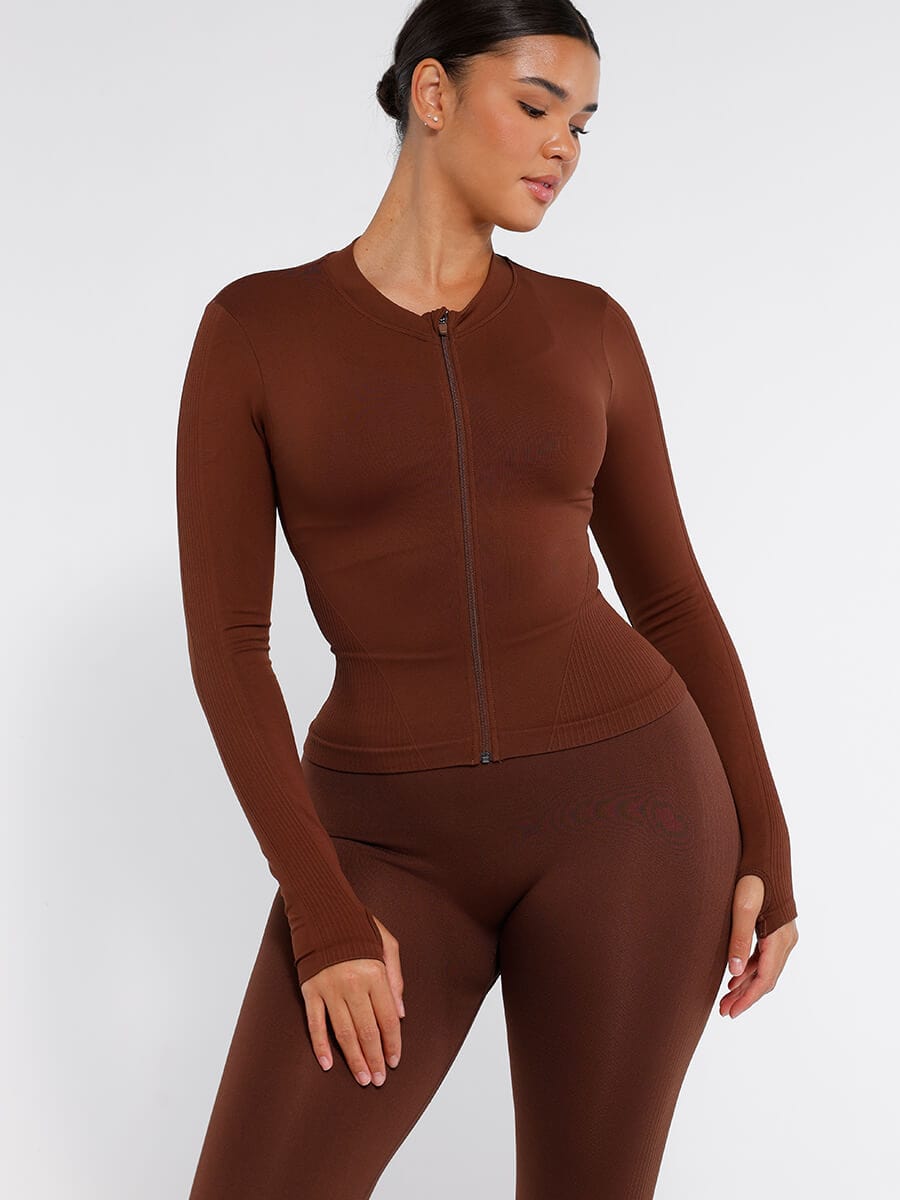 Seamless Full Zipper Running Top with Thumb Holes