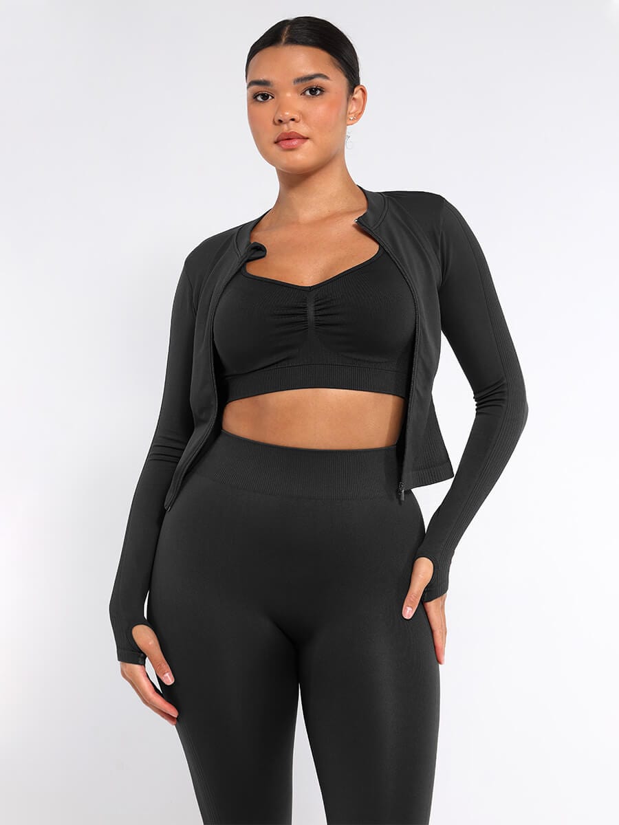 Seamless Full Zipper Running Top with Thumb Holes