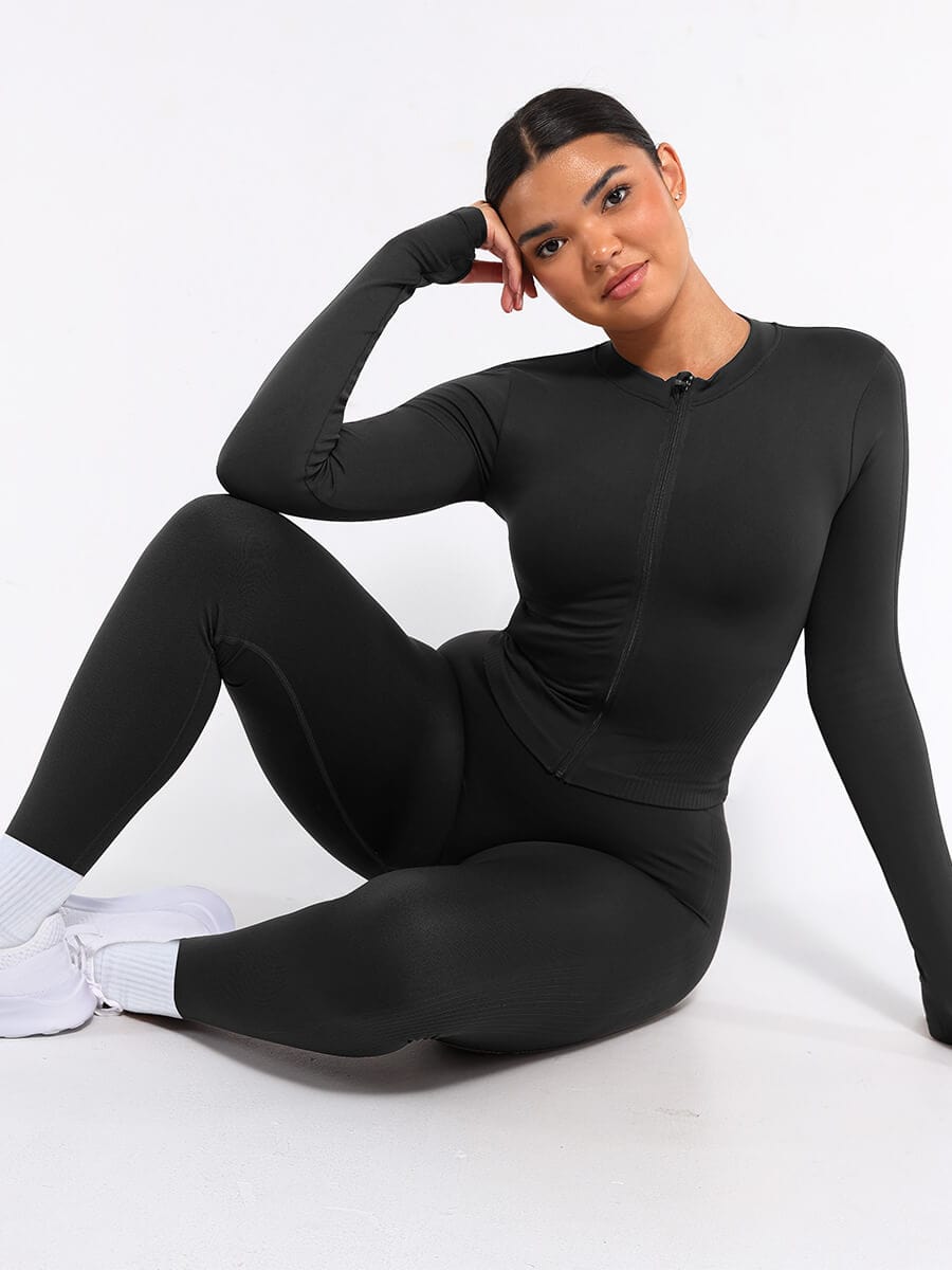 Seamless Full Zipper Running Top with Thumb Holes