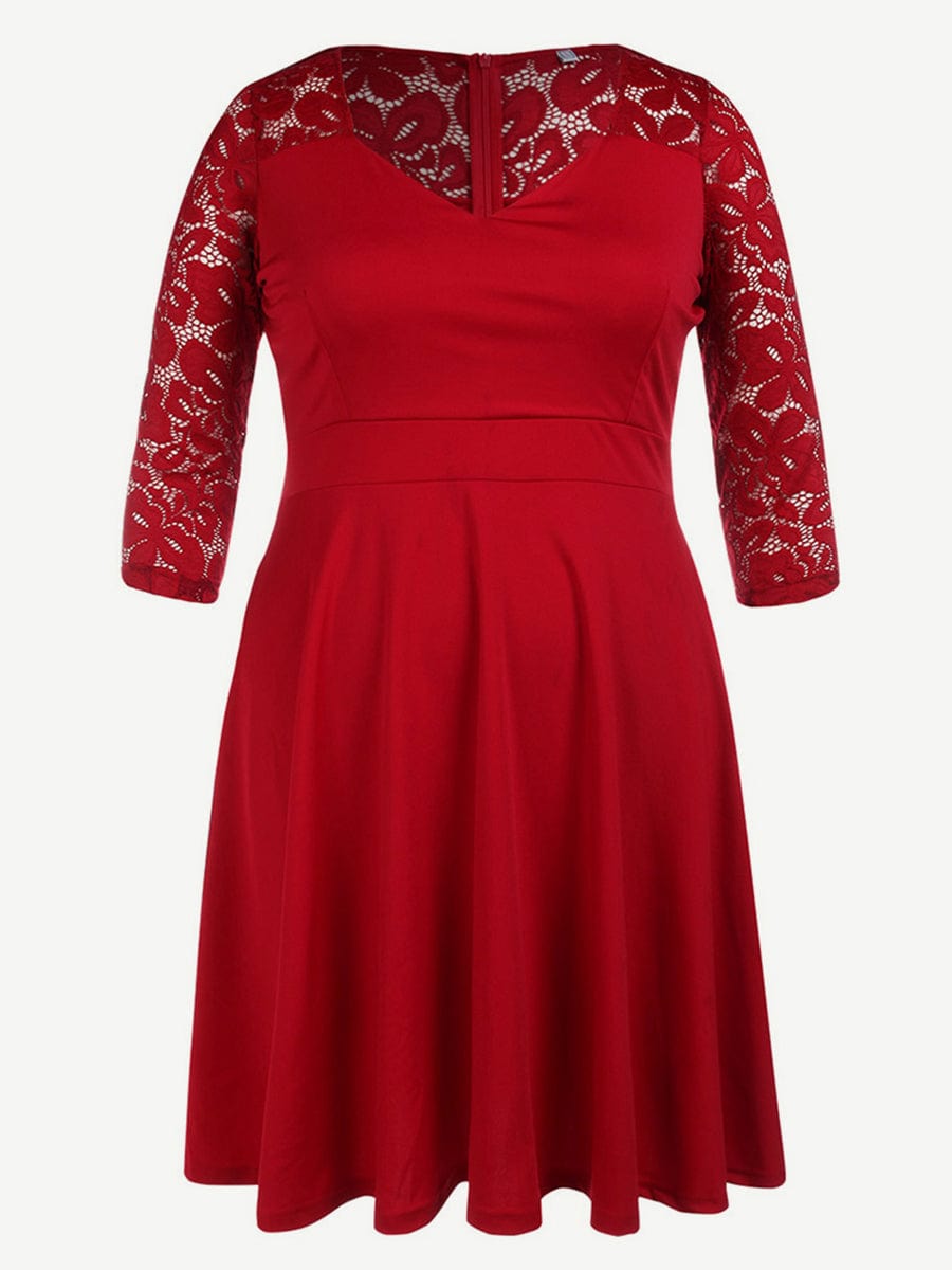 Women's V-Neck Stitching Lace Plus Size Dress
