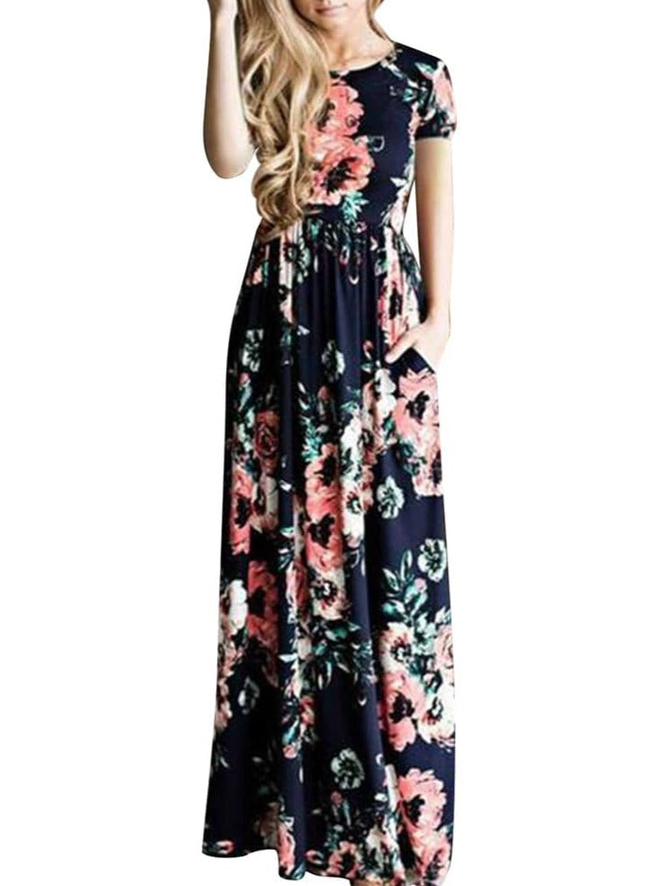 Fascinating White Plus Floral Long Dress Round Collar Comfort Women