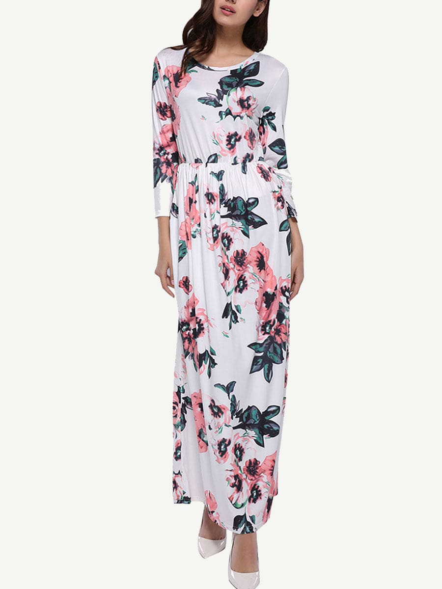 Gracious Long Sleeves Allover Floral Maxi Dress Round Neck