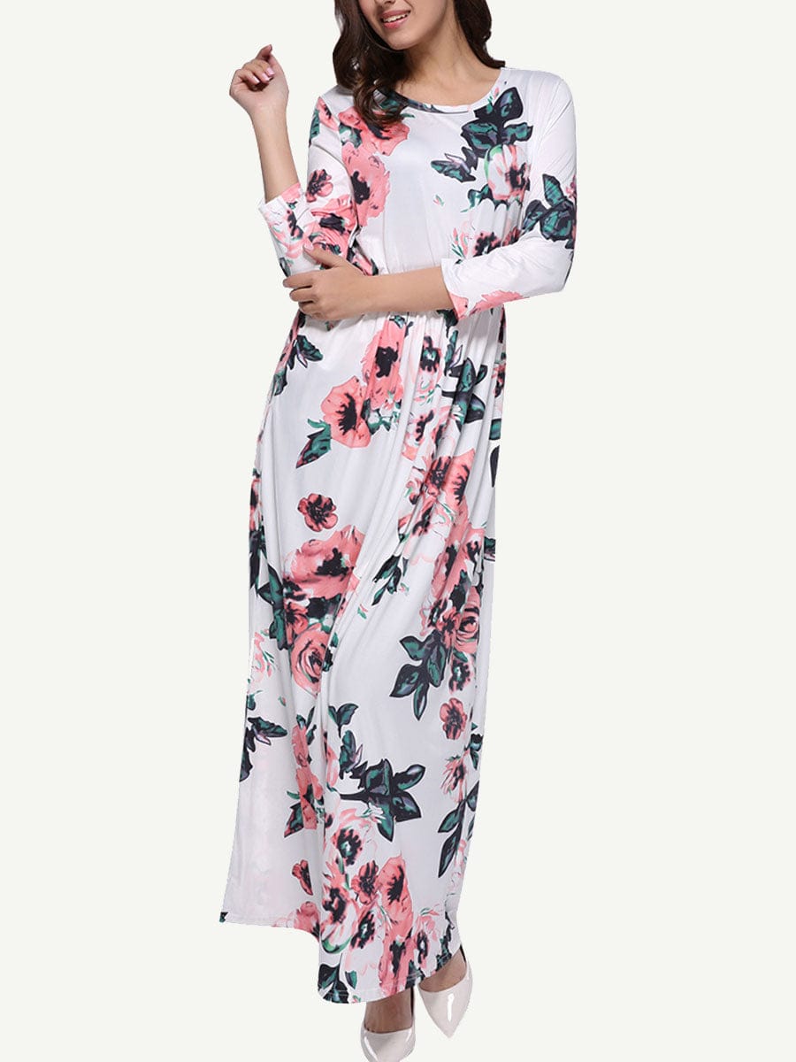Gracious Long Sleeves Allover Floral Maxi Dress Round Neck