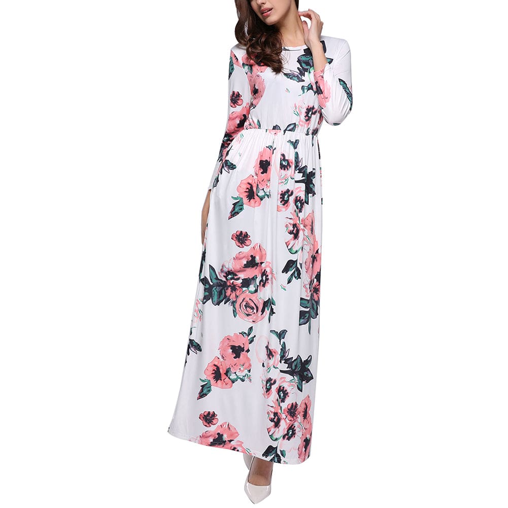 Gracious Long Sleeves Allover Floral Maxi Dress Round Neck