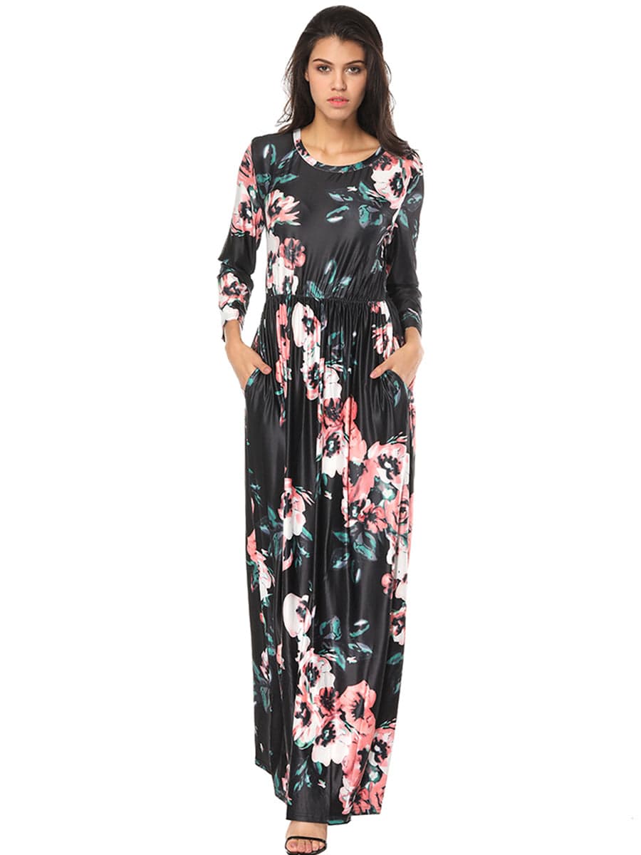 Gracious Long Sleeves Allover Floral Maxi Dress Round Neck