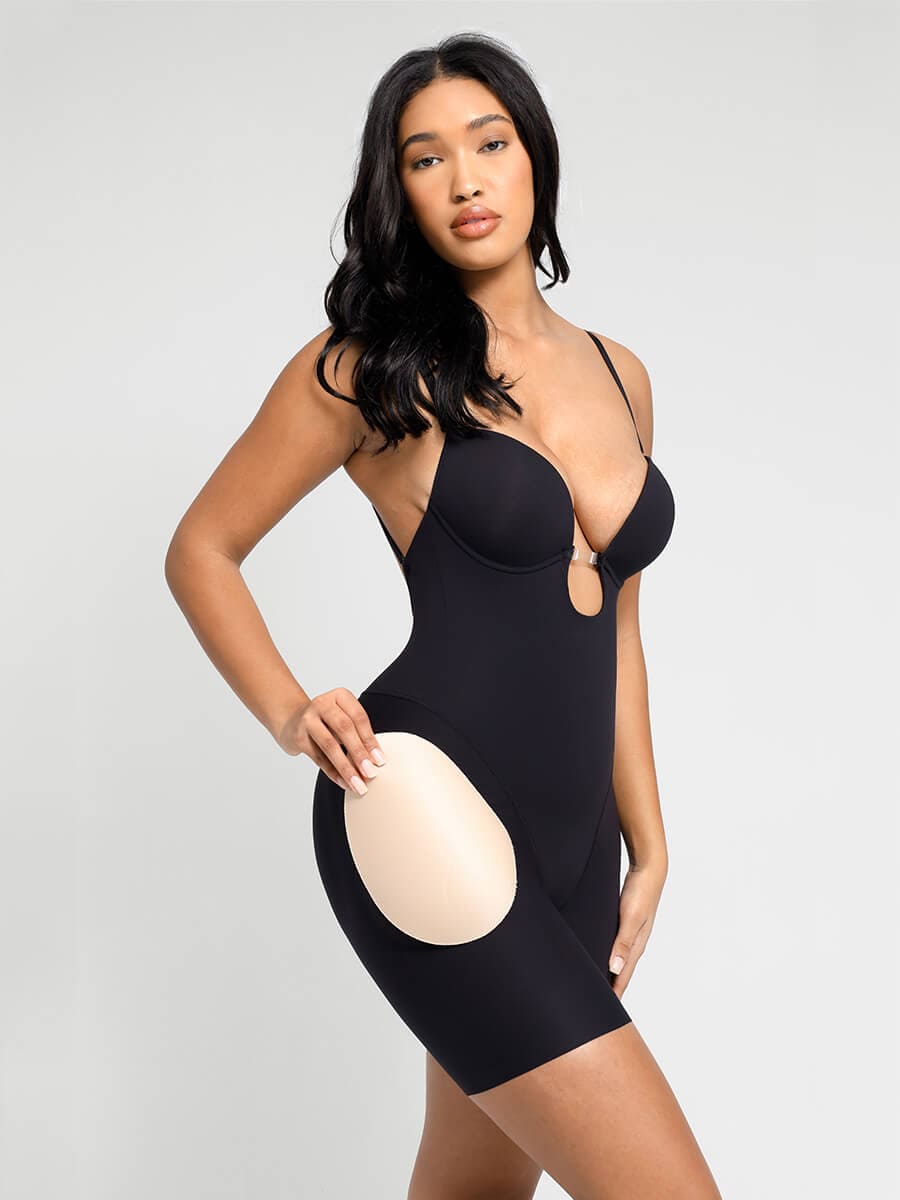 Plunge Low-Back Mid-Thigh Shapewear With Removable Butt And Hips Pads