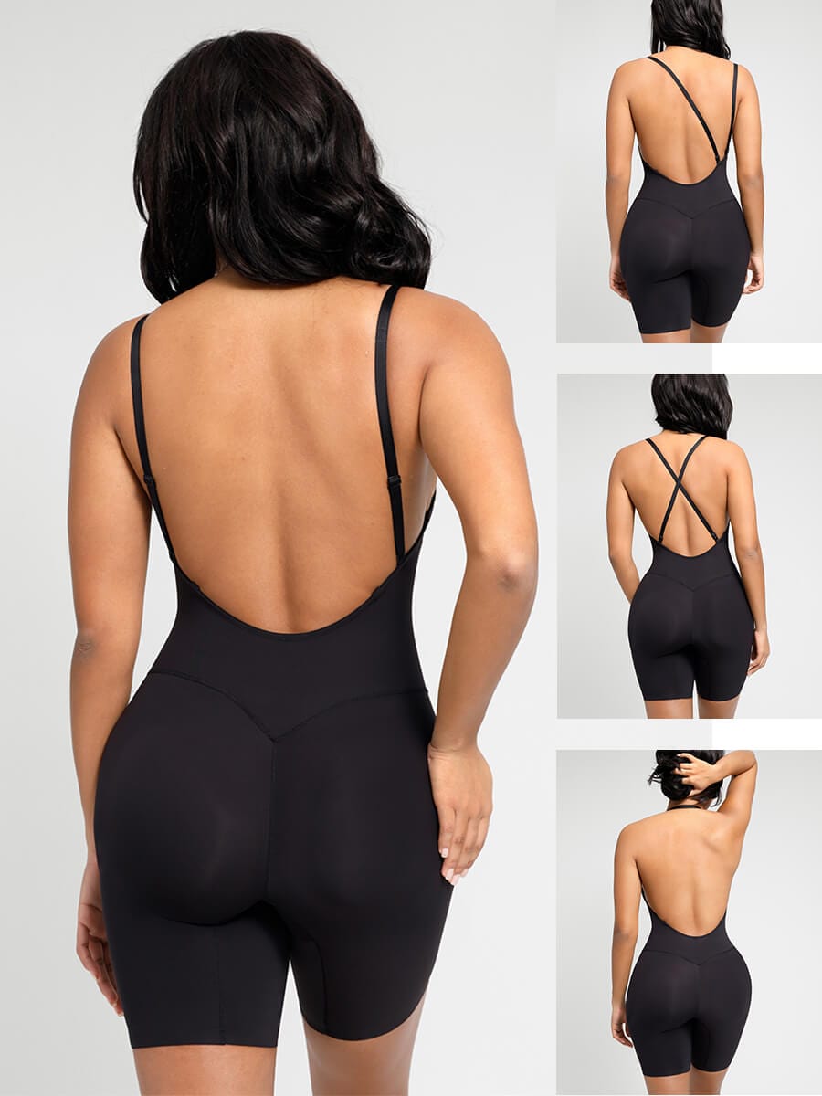 Plunge Low-Back Mid-Thigh Shapewear With Removable Butt And Hips Pads