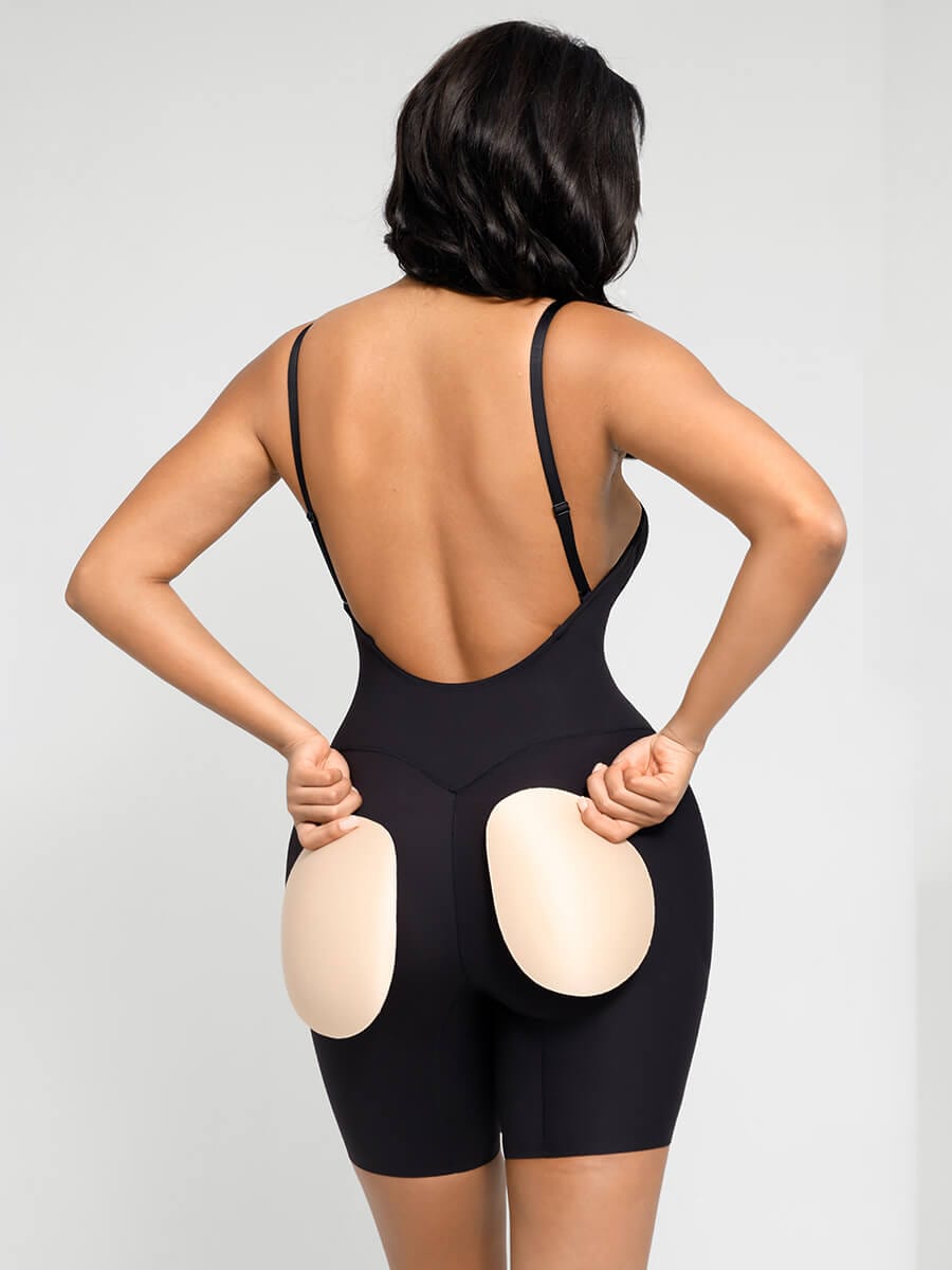 Plunge Low-Back Mid-Thigh Shapewear With Removable Butt And Hips Pads