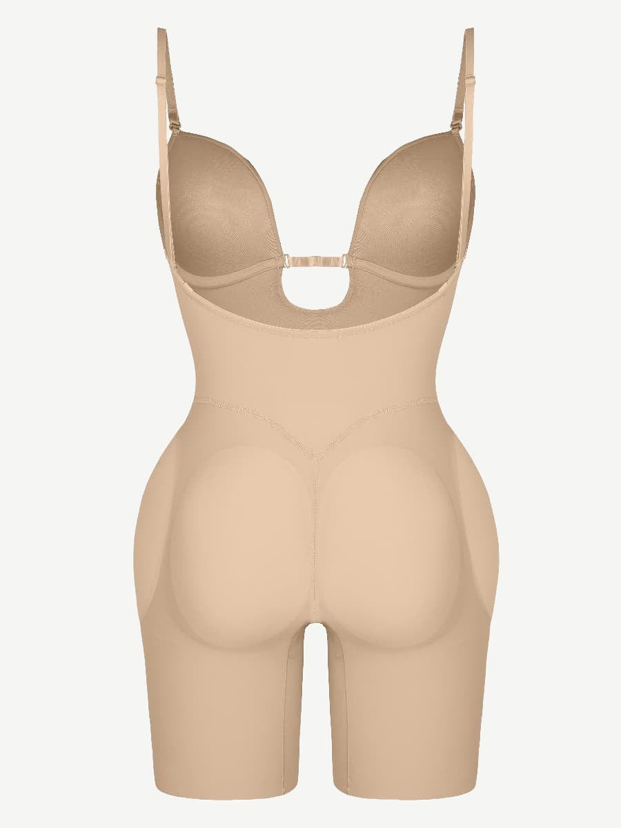 Plunge Low-Back Mid-Thigh Shapewear With Removable Butt And Hips Pads