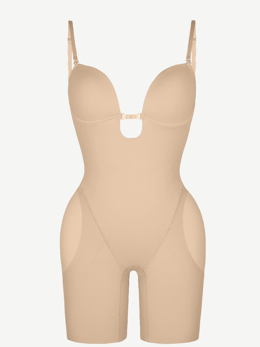 Plunge Low-Back Mid-Thigh Shapewear With Removable Butt And Hips Pads