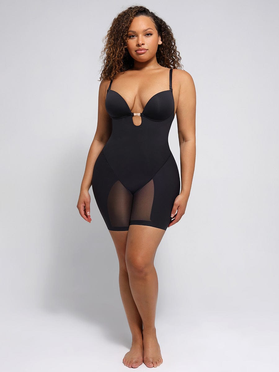 Plunge Low-Back Mid-Thigh Shapewear With Removable Butt And Hips Pads