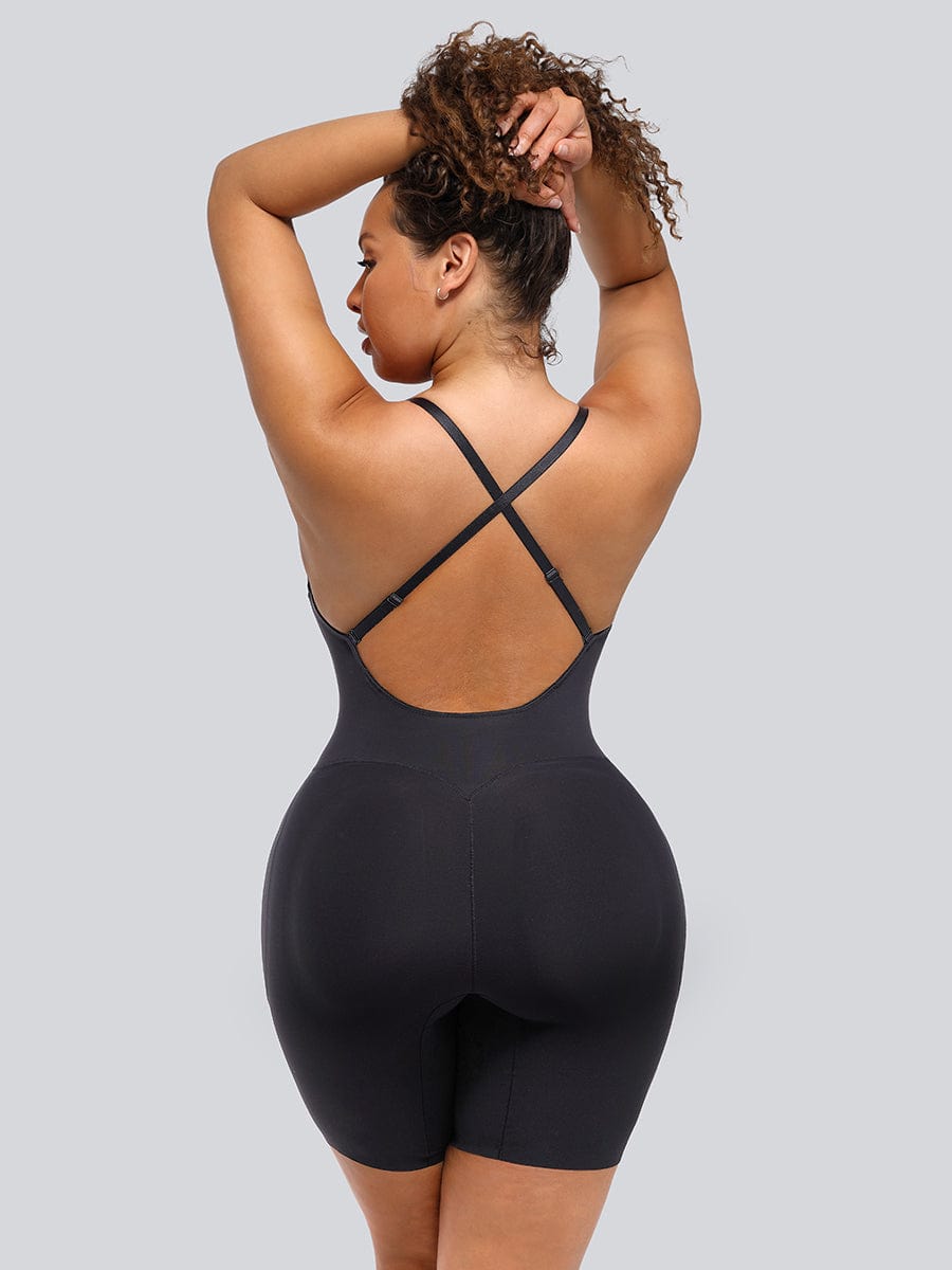 Plunge Low-Back Mid-Thigh Shapewear With Removable Butt And Hips Pads